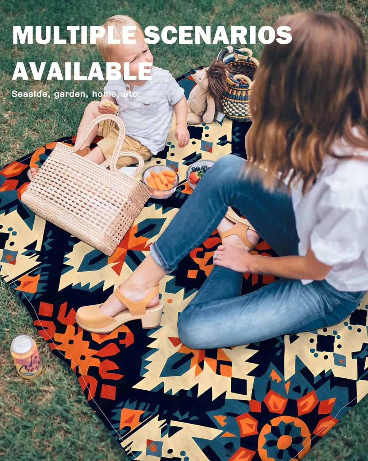 Beach Blanket Sandproof Waterproof Picnic Blankets Retro Indian Ethnic Style Extra Large Lightweight Outdoor Beach Mat with Corner Pockets for Travel/Camping/Hiking Ancient Patterns