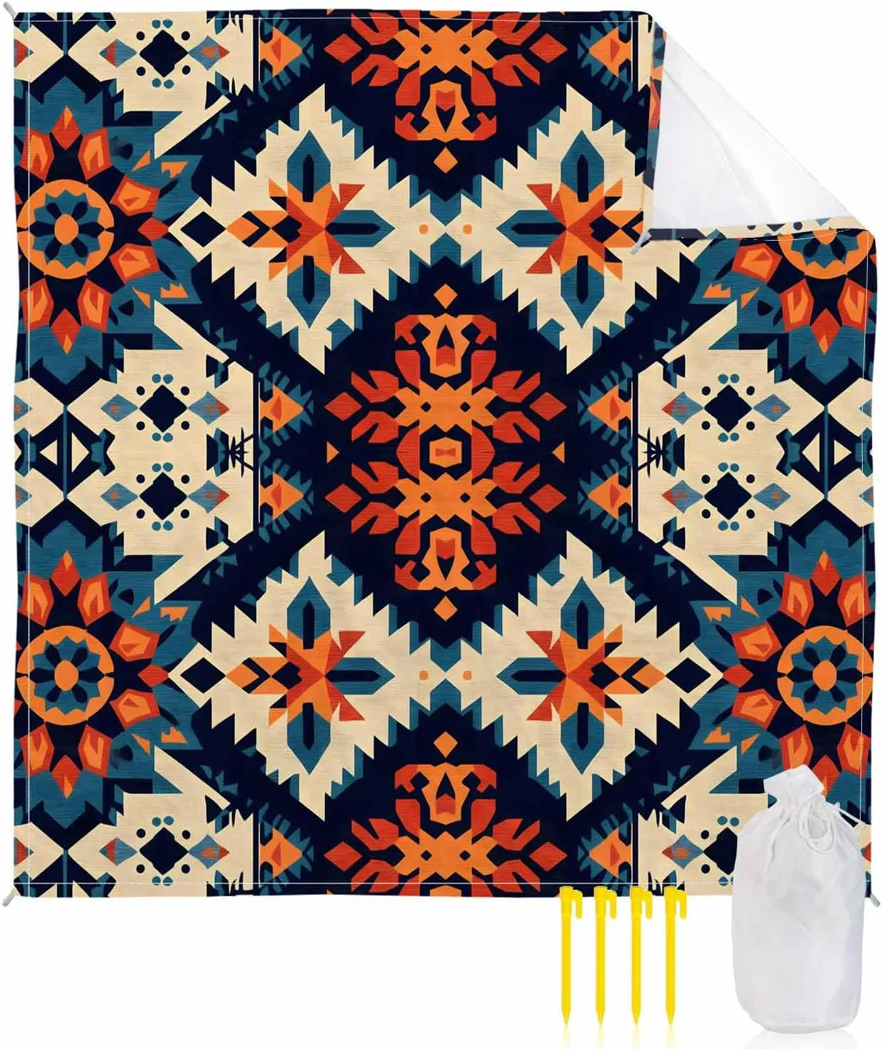 Beach Blanket Sandproof Waterproof Picnic Blankets Retro Indian Ethnic Style Extra Large Lightweight Outdoor Beach Mat with Corner Pockets for Travel/Camping/Hiking Ancient Patterns
