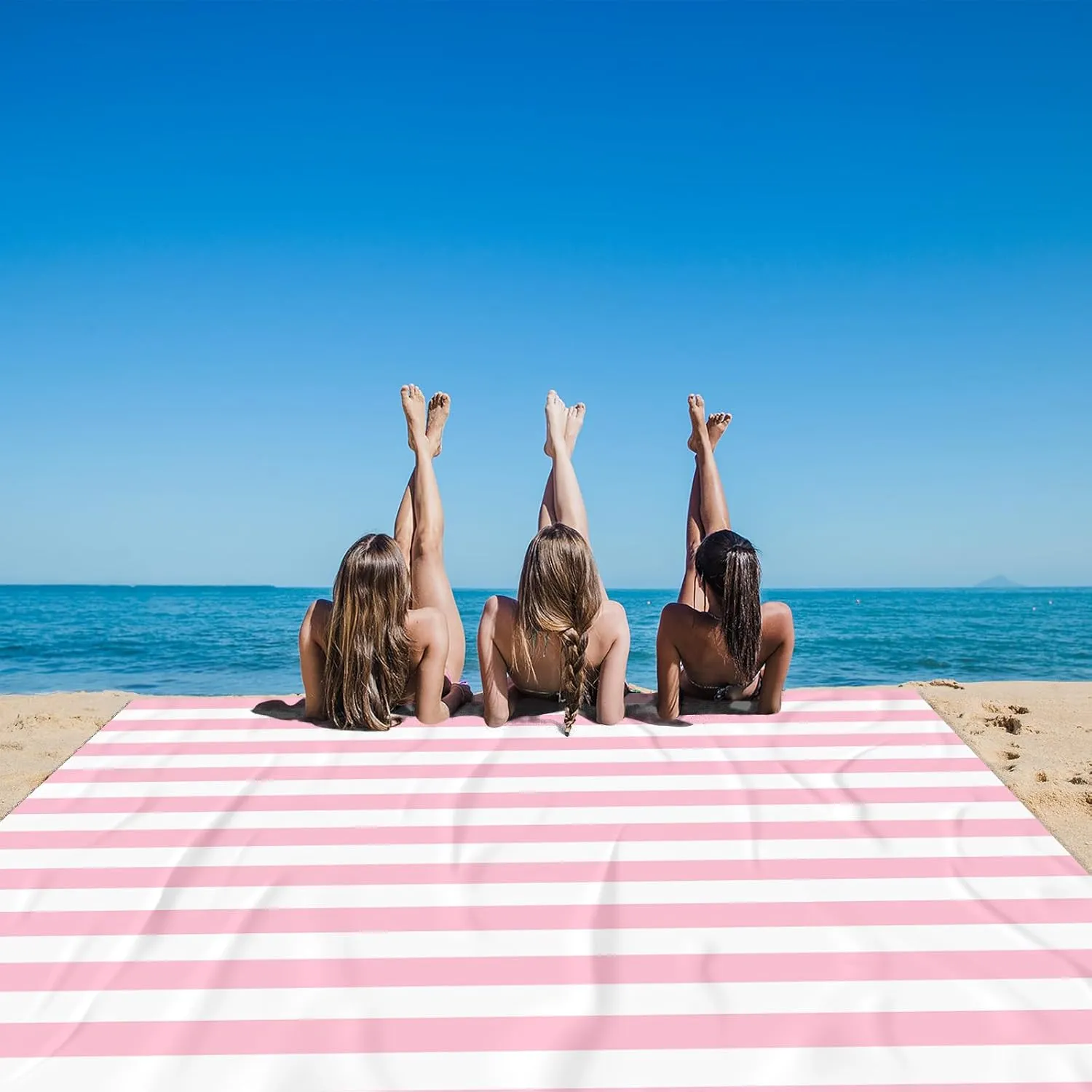 Beach Blanket Sandproof Waterproof, Pink Striped Picnic Blanket Extra Large 9 Ft X 10 Ft for 8 Adults with Stakes and Sand Pocket, Compact Lightweight Sand Free Beach Mat Essential