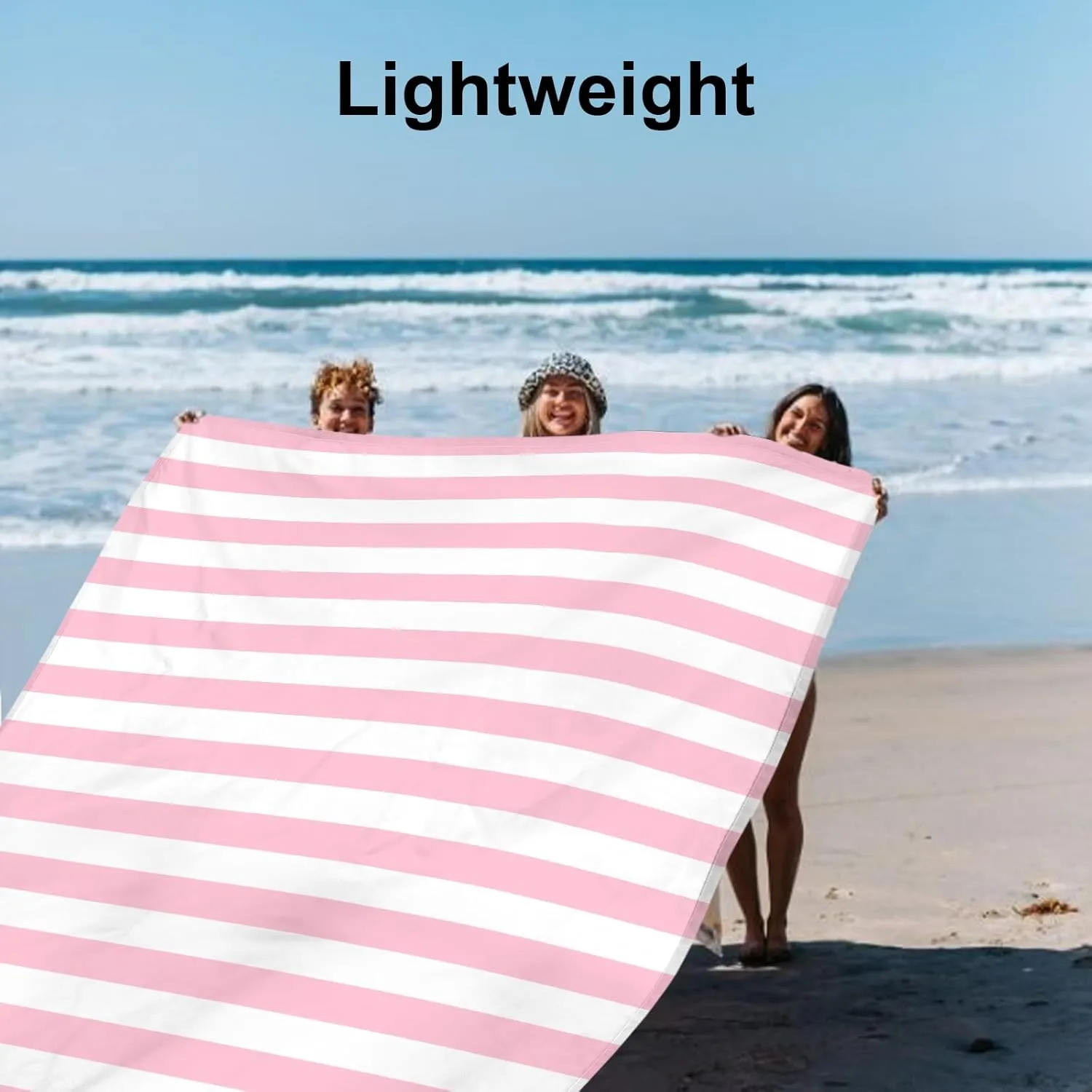 Beach Blanket Sandproof Waterproof, Pink Striped Picnic Blanket Extra Large 9 Ft X 10 Ft for 8 Adults with Stakes and Sand Pocket, Compact Lightweight Sand Free Beach Mat Essential