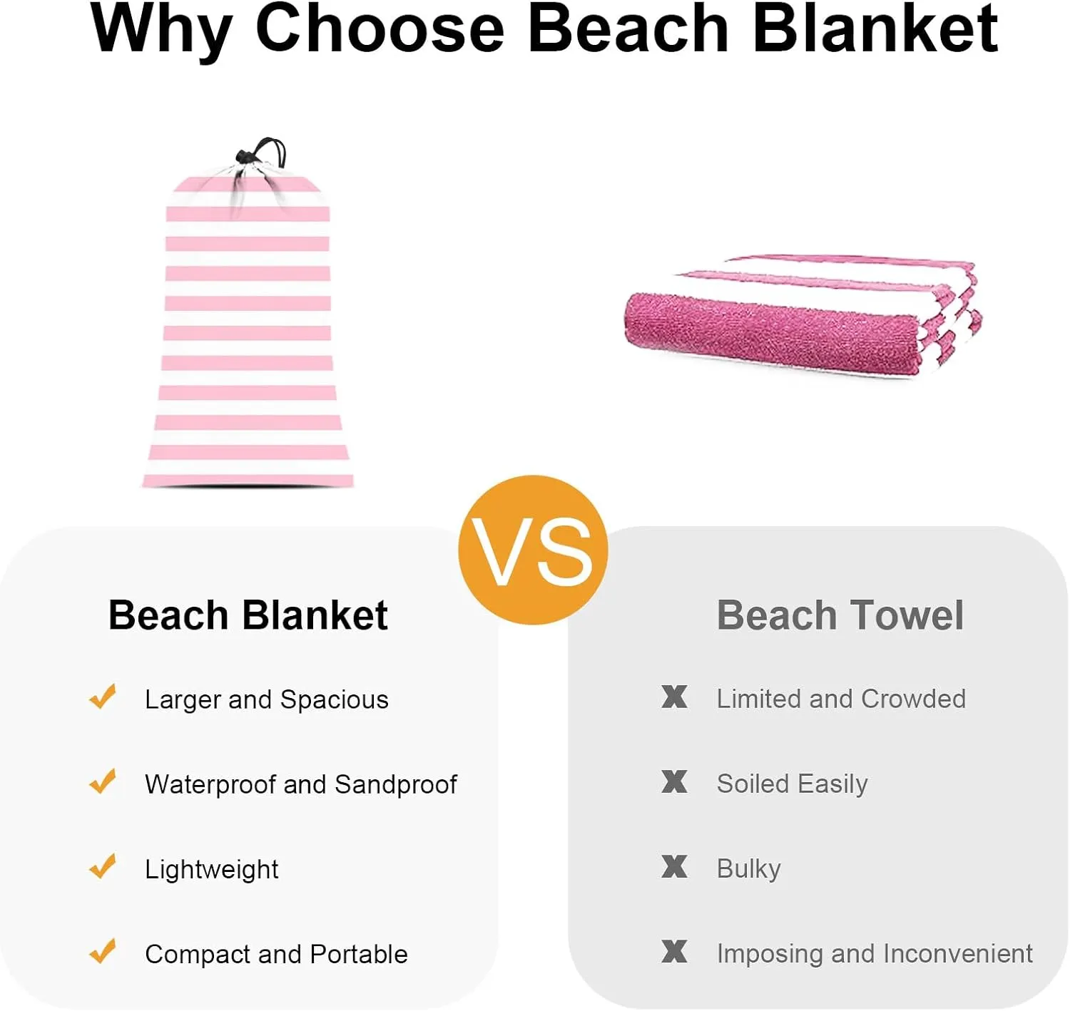 Beach Blanket Sandproof Waterproof, Pink Striped Picnic Blanket Extra Large 9 Ft X 10 Ft for 8 Adults with Stakes and Sand Pocket, Compact Lightweight Sand Free Beach Mat Essential