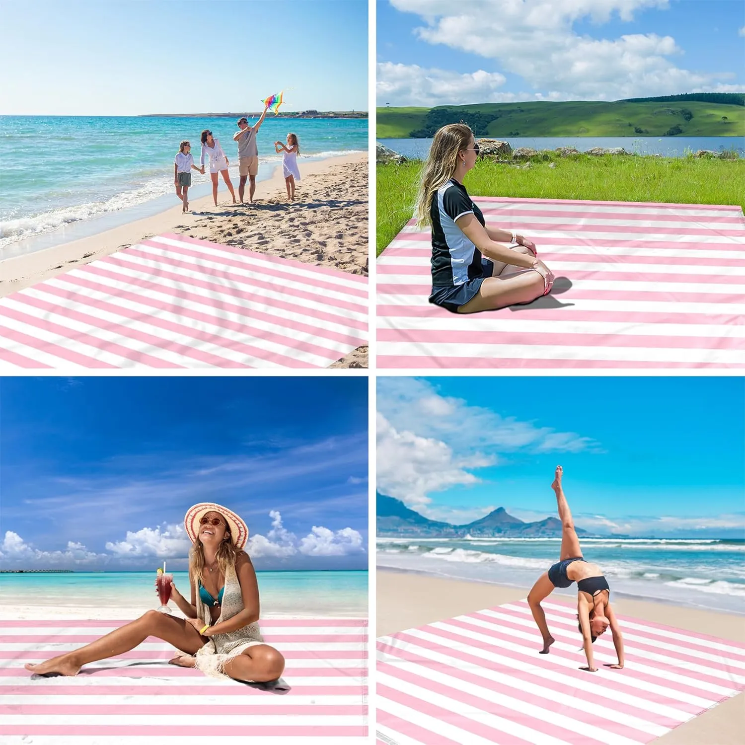 Beach Blanket Sandproof Waterproof, Pink Striped Picnic Blanket Extra Large 9 Ft X 10 Ft for 8 Adults with Stakes and Sand Pocket, Compact Lightweight Sand Free Beach Mat Essential