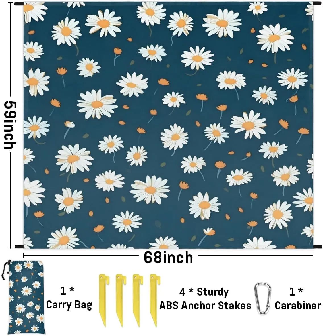 Beach Blanket, Summer Daisy Sandproof Beach Mat, Waterproof Quick Drying Sand Free Mat with 4 x Ground Spikes for Outdoor Travel Camping Hiking, 68 x 59 in
