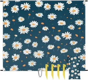 Beach Blanket, Summer Daisy Sandproof Beach Mat, Waterproof Quick Drying Sand Free Mat with 4 x Ground Spikes for Outdoor Travel Camping Hiking, 68 x 59 in