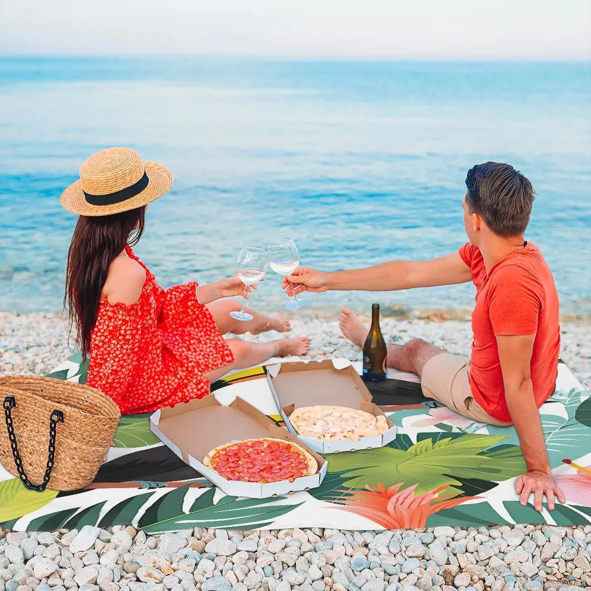Beach Blanket, Tropical Bird Sandproof Beach Mat, Waterproof Quick Drying Sand Free Mat with 4 x Ground Spikes for Outdoor Travel Camping Hiking, Palm Leaves 68 x 59 in
