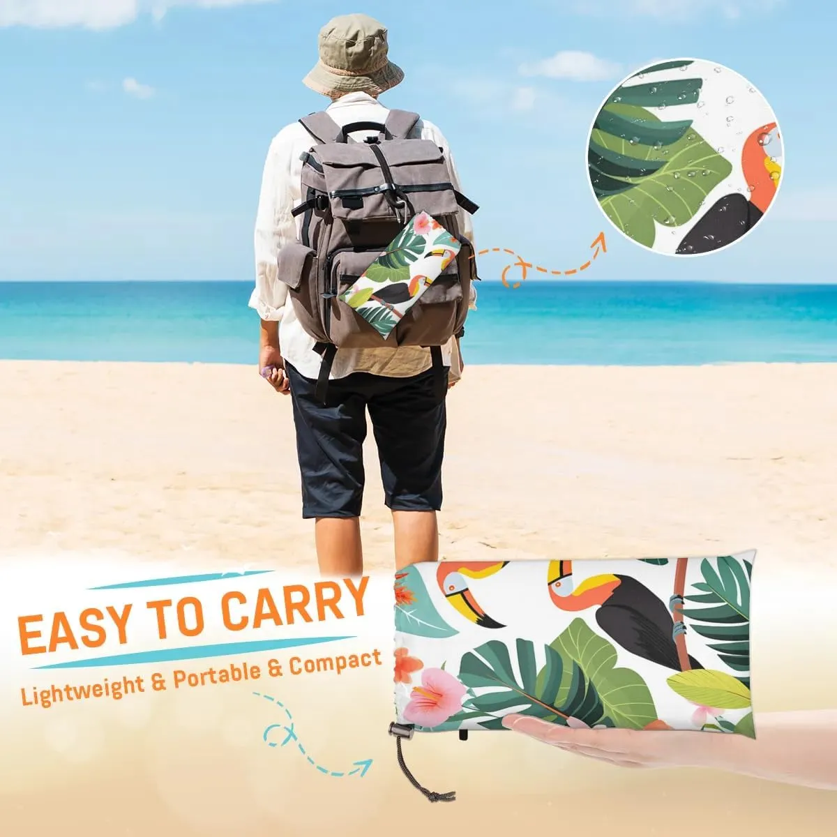 Beach Blanket, Tropical Bird Sandproof Beach Mat, Waterproof Quick Drying Sand Free Mat with 4 x Ground Spikes for Outdoor Travel Camping Hiking, Palm Leaves 68 x 59 in
