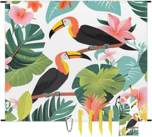 Beach Blanket, Tropical Bird Sandproof Beach Mat, Waterproof Quick Drying Sand Free Mat with 4 x Ground Spikes for Outdoor Travel Camping Hiking, Palm Leaves 68 x 59 in