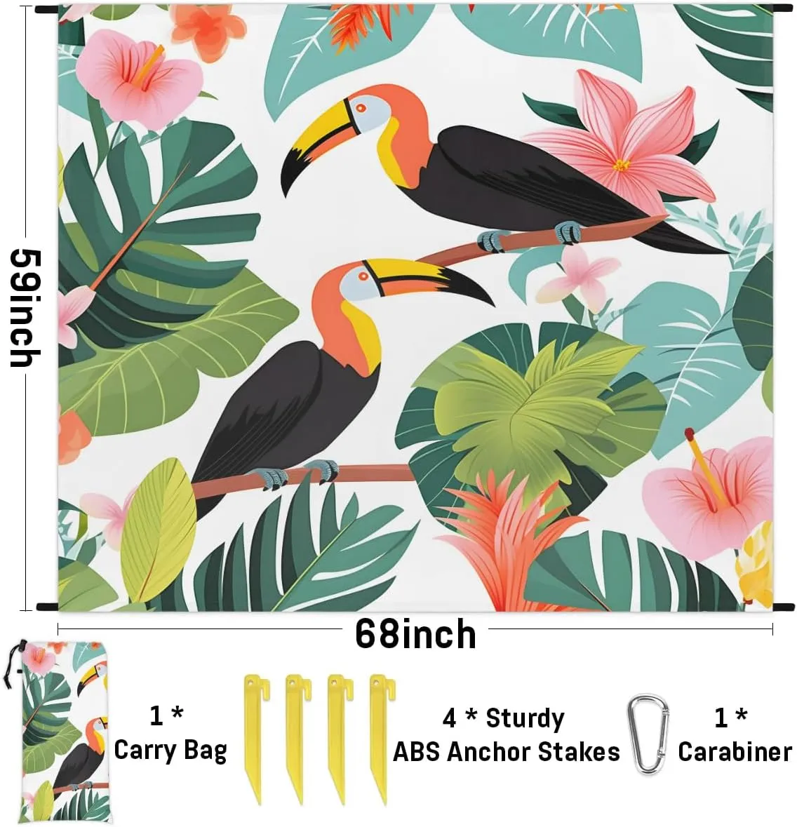 Beach Blanket, Tropical Bird Sandproof Beach Mat, Waterproof Quick Drying Sand Free Mat with 4 x Ground Spikes for Outdoor Travel Camping Hiking, Palm Leaves 68 x 59 in