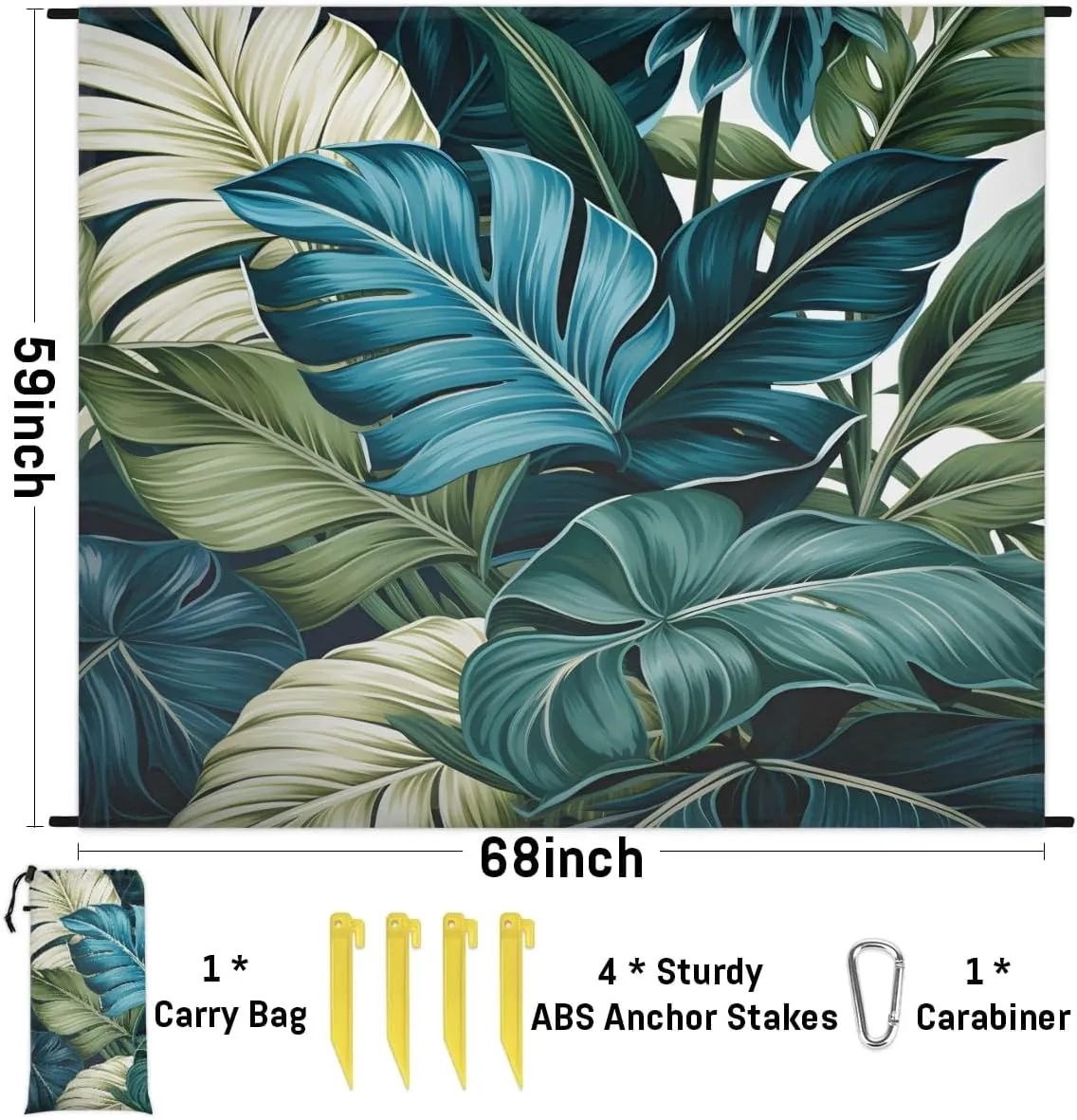 Beach Blanket, Tropical Palm Leaf Sandproof Beach Mat, Waterproof Quick Drying Sand Free Mat with 4 x Ground Spikes for Outdoor Travel Camping Hiking, Summer Green Palm Leaves 68 x 59 in