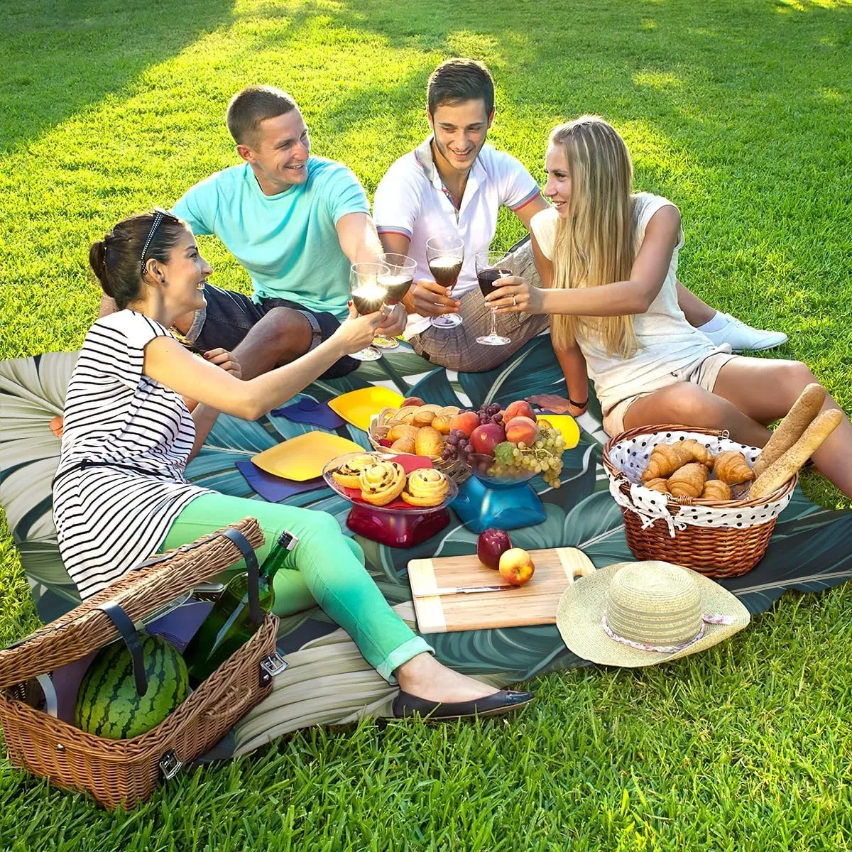 Beach Blanket, Tropical Palm Leaf Sandproof Beach Mat, Waterproof Quick Drying Sand Free Mat with 4 x Ground Spikes for Outdoor Travel Camping Hiking, Summer Green Palm Leaves 68 x 59 in