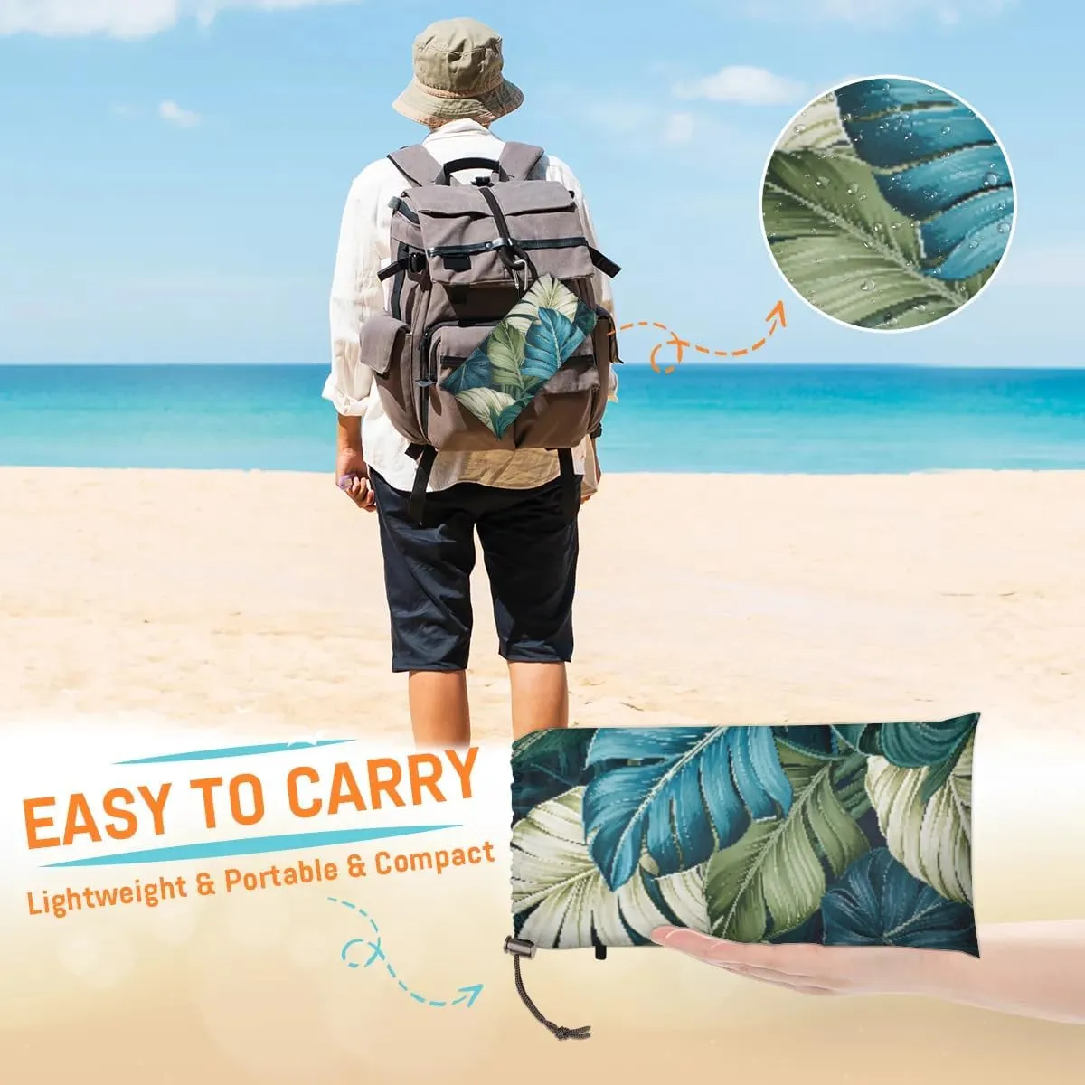 Beach Blanket, Tropical Palm Leaf Sandproof Beach Mat, Waterproof Quick Drying Sand Free Mat with 4 x Ground Spikes for Outdoor Travel Camping Hiking, Summer Green Palm Leaves 68 x 59 in