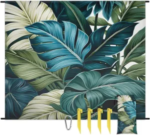 Beach Blanket, Tropical Palm Leaf Sandproof Beach Mat, Waterproof Quick Drying Sand Free Mat with 4 x Ground Spikes for Outdoor Travel Camping Hiking, Summer Green Palm Leaves 68 x 59 in