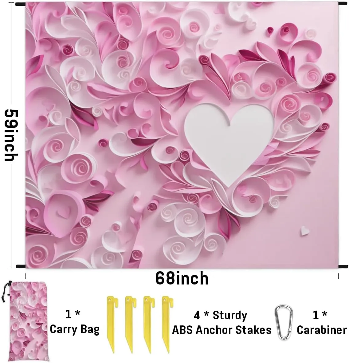 Beach Blanket, Valentine's Day Sandproof Beach Mat, Waterproof Quick Drying Sand Free Mat with 4 x Ground Spikes for Outdoor Travel Camping Hiking, Valentine's Day Love Theme 68 x 59 in