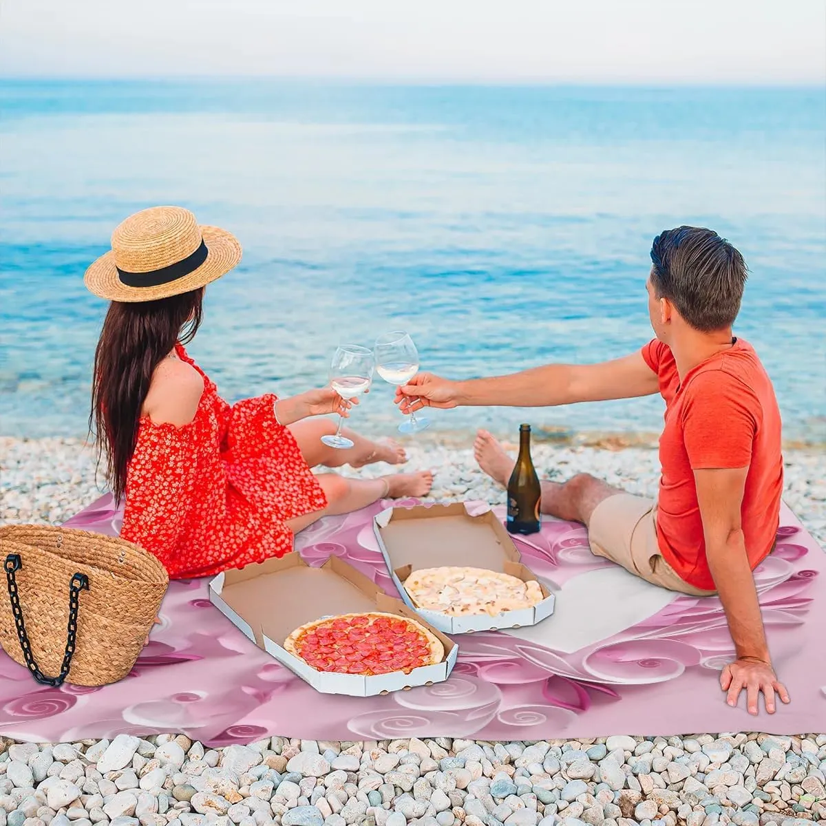 Beach Blanket, Valentine's Day Sandproof Beach Mat, Waterproof Quick Drying Sand Free Mat with 4 x Ground Spikes for Outdoor Travel Camping Hiking, Valentine's Day Love Theme 68 x 59 in