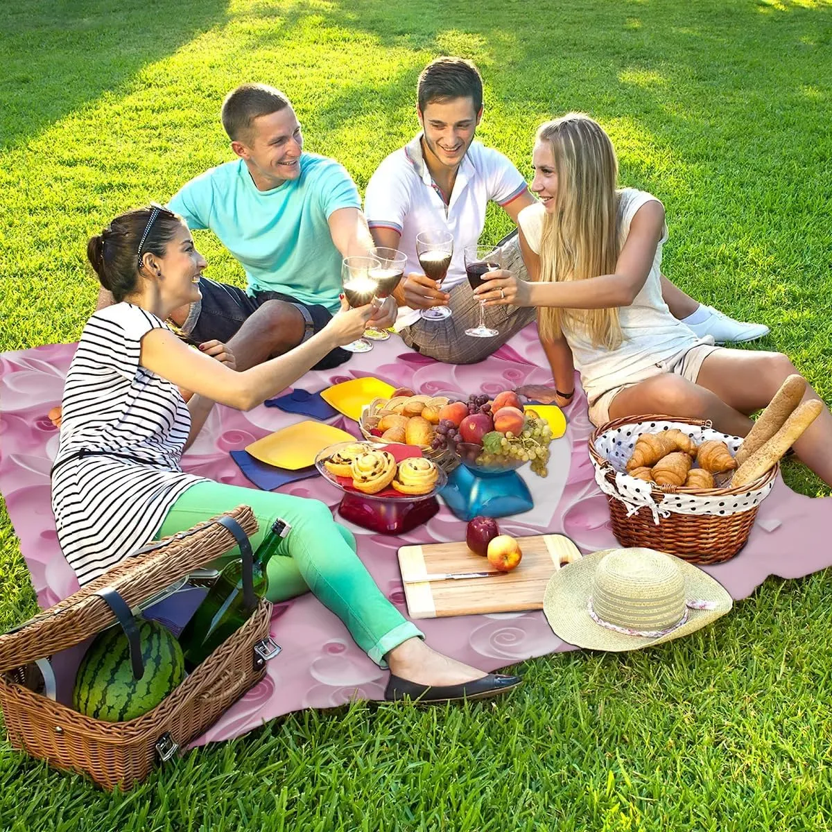 Beach Blanket, Valentine's Day Sandproof Beach Mat, Waterproof Quick Drying Sand Free Mat with 4 x Ground Spikes for Outdoor Travel Camping Hiking, Valentine's Day Love Theme 68 x 59 in
