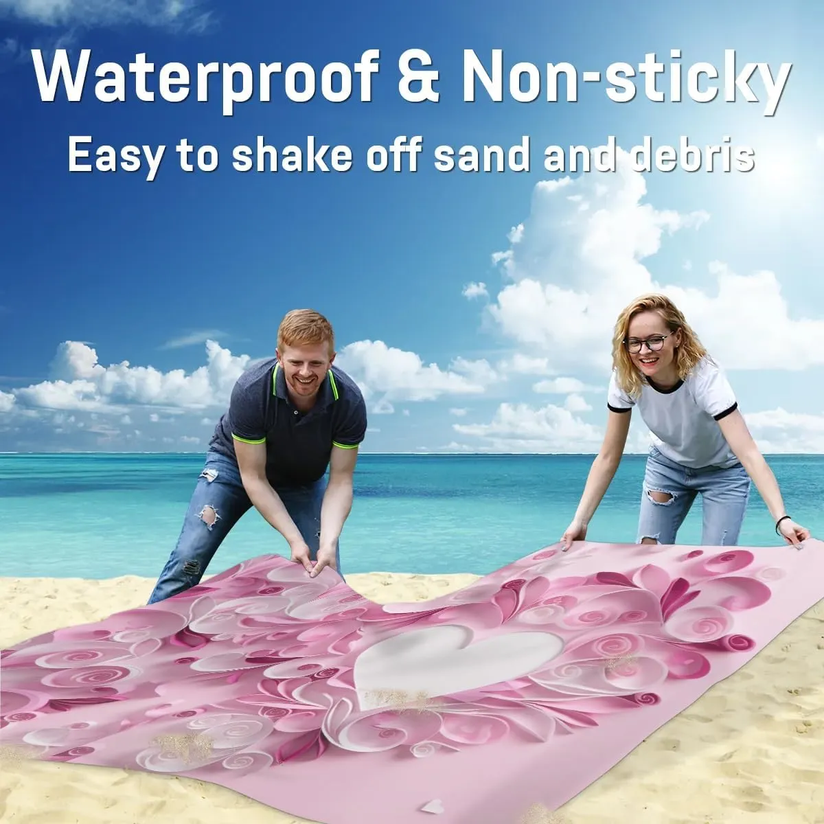 Beach Blanket, Valentine's Day Sandproof Beach Mat, Waterproof Quick Drying Sand Free Mat with 4 x Ground Spikes for Outdoor Travel Camping Hiking, Valentine's Day Love Theme 68 x 59 in