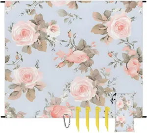 Beach Blanket, Vintage Florals Sandproof Beach Mat, Waterproof Quick Drying Sand Free Mat with 4 x Ground Spikes for Outdoor Travel Camping Hiking, Peony Roses 68 x 59 in