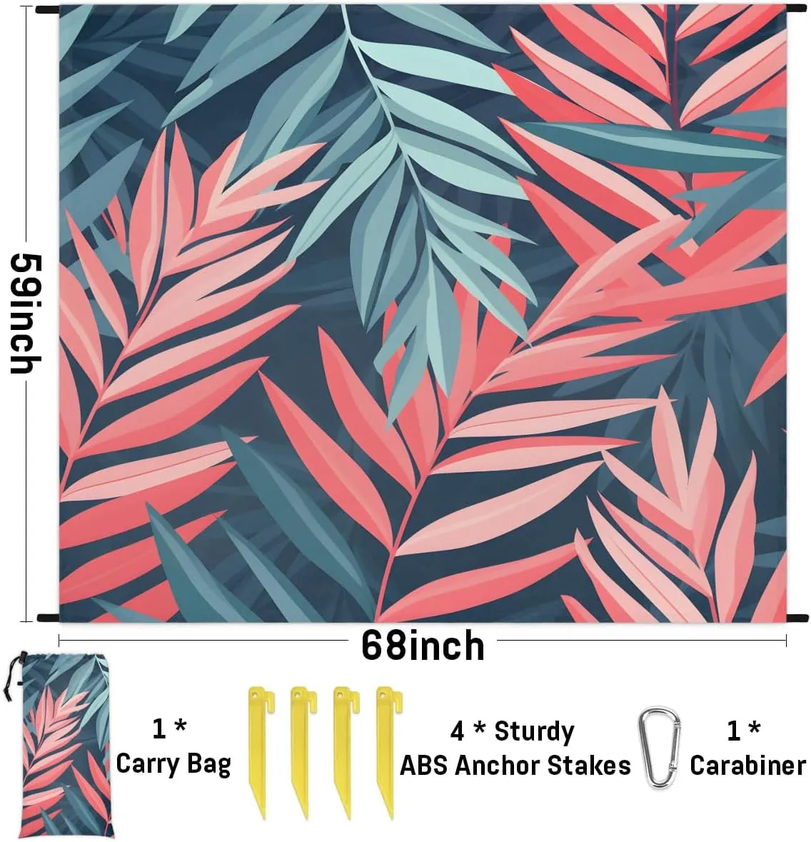 Beach Blanket, Vintage Leaves Sandproof Beach Mat, Waterproof Quick Drying Sand Free Mat with 4 x Ground Spikes for Outdoor Travel Camping Hiking, Eucalyptus Leaves 68 x 59 in