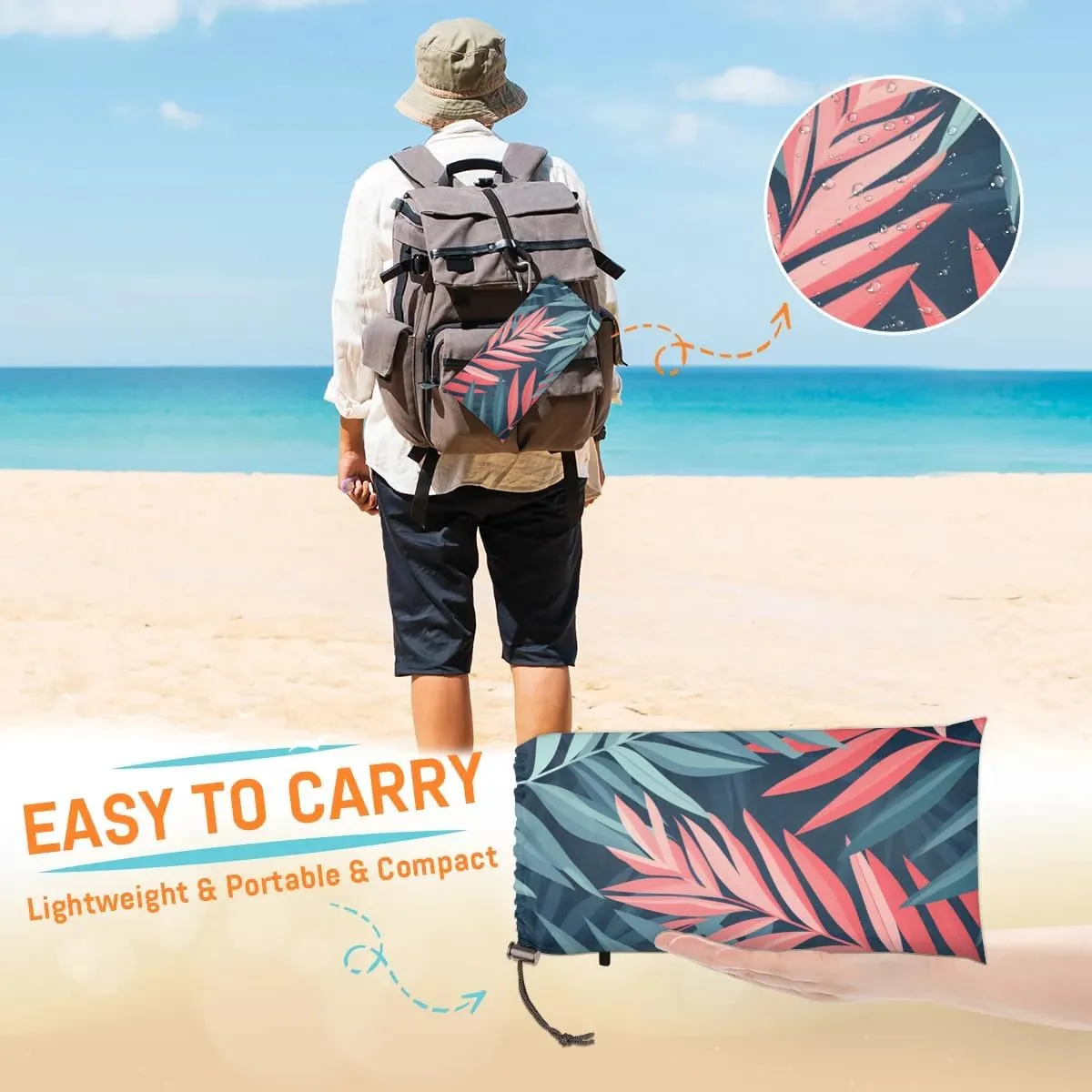 Beach Blanket, Vintage Leaves Sandproof Beach Mat, Waterproof Quick Drying Sand Free Mat with 4 x Ground Spikes for Outdoor Travel Camping Hiking, Eucalyptus Leaves 68 x 59 in