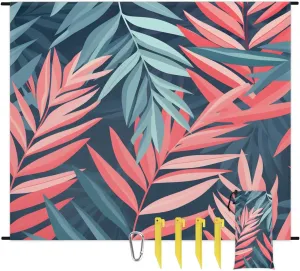 Beach Blanket, Vintage Leaves Sandproof Beach Mat, Waterproof Quick Drying Sand Free Mat with 4 x Ground Spikes for Outdoor Travel Camping Hiking, Eucalyptus Leaves 68 x 59 in
