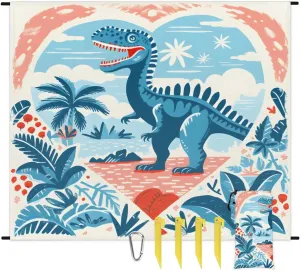 Beach Blanket, Watercolor Dinosaur Sandproof Beach Mat, Waterproof Quick Drying Sand Free Mat with 4 x Ground Spikes for Outdoor Travel Camping Hiking, Dinosaur 68 x 59 in