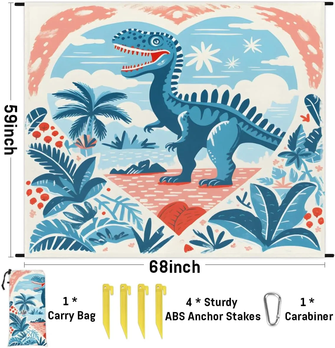 Beach Blanket, Watercolor Dinosaur Sandproof Beach Mat, Waterproof Quick Drying Sand Free Mat with 4 x Ground Spikes for Outdoor Travel Camping Hiking, Dinosaur 68 x 59 in