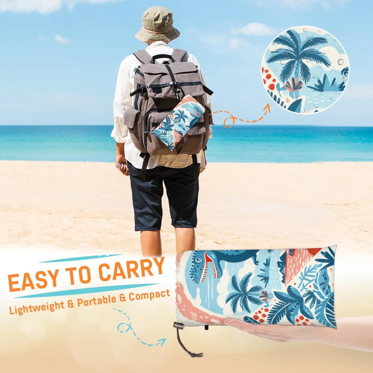 Beach Blanket, Watercolor Dinosaur Sandproof Beach Mat, Waterproof Quick Drying Sand Free Mat with 4 x Ground Spikes for Outdoor Travel Camping Hiking, Dinosaur 68 x 59 in