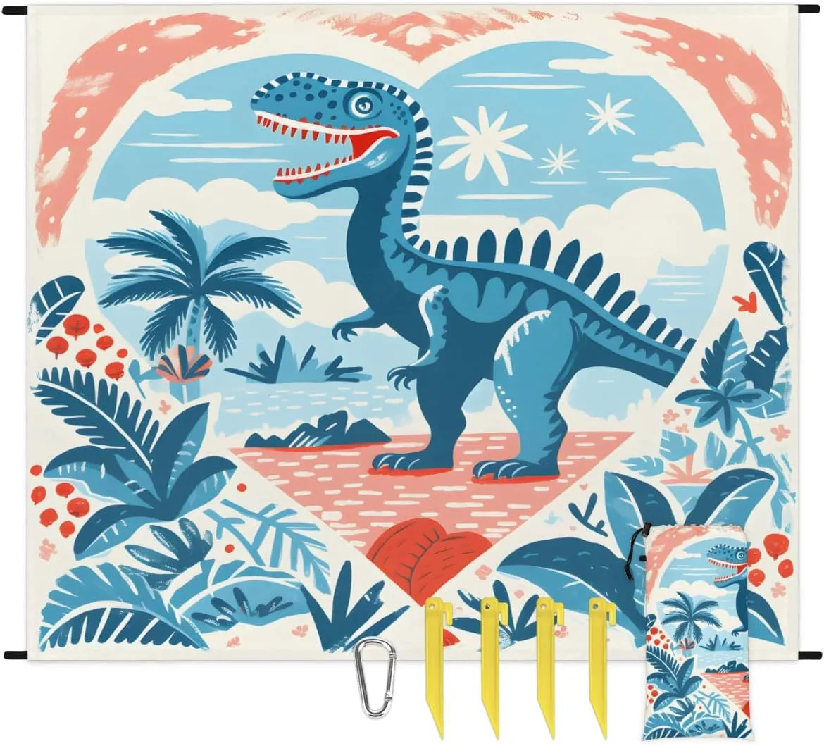 Beach Blanket, Watercolor Dinosaur Sandproof Beach Mat, Waterproof Quick Drying Sand Free Mat with 4 x Ground Spikes for Outdoor Travel Camping Hiking, Dinosaur 68 x 59 in