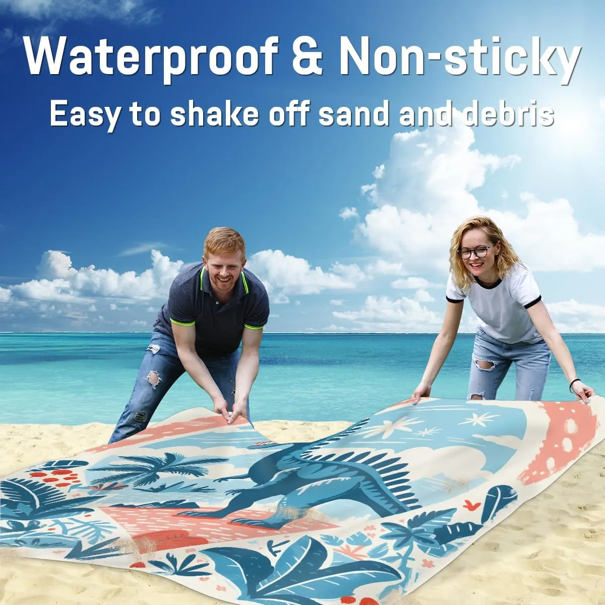 Beach Blanket, Watercolor Dinosaur Sandproof Beach Mat, Waterproof Quick Drying Sand Free Mat with 4 x Ground Spikes for Outdoor Travel Camping Hiking, Dinosaur 68 x 59 in