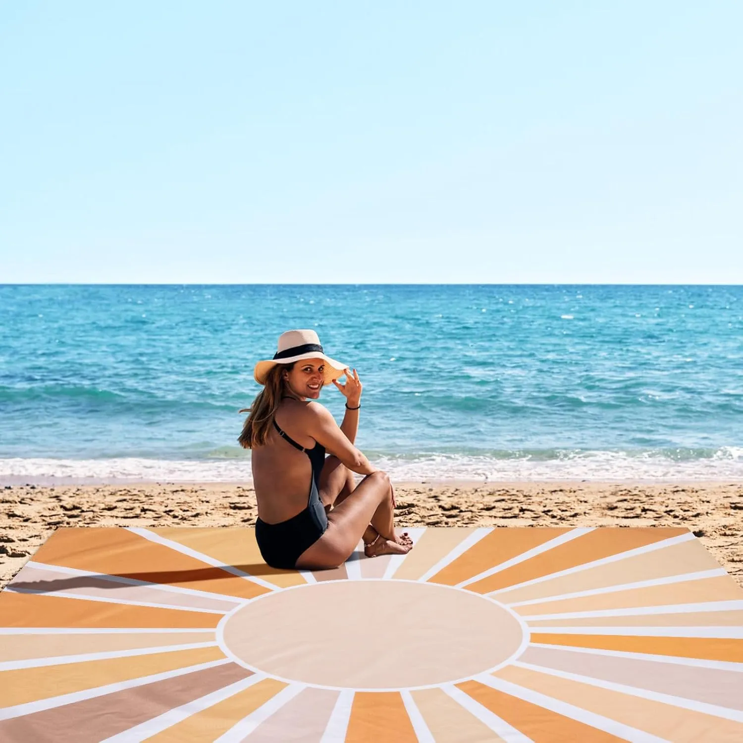 Beach Blanket Waterproof Sandproof, 10'X 9' Extra Large Oversized Beach Mat for 2-8 Adult, Quick Drying Lightweight & Compact Polyester Picnic Blankets for Outdoor, Travel, Camping, Hiking-Boho Sun