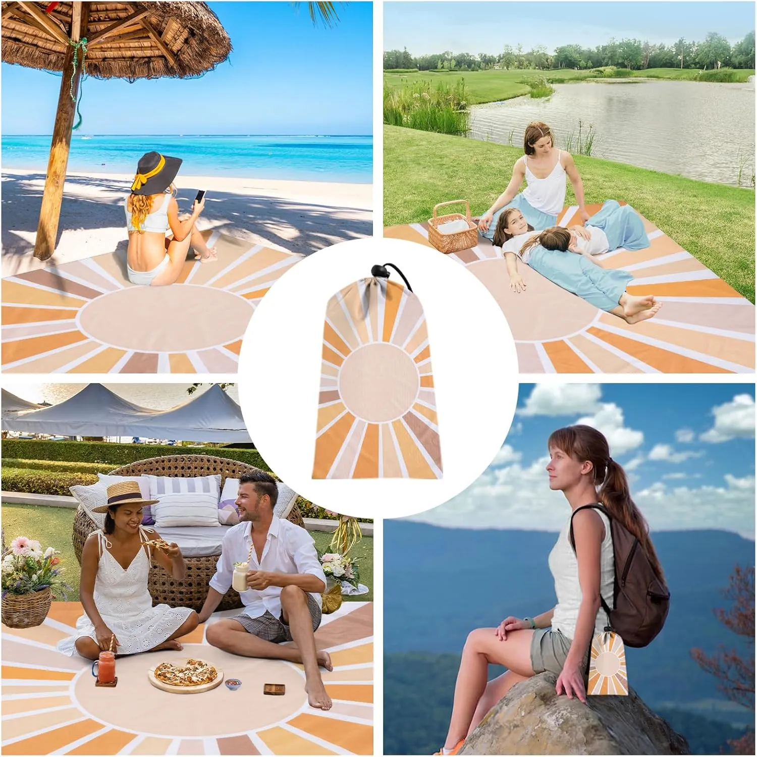 Beach Blanket Waterproof Sandproof, 10'X 9' Extra Large Oversized Beach Mat for 2-8 Adult, Quick Drying Lightweight & Compact Polyester Picnic Blankets for Outdoor, Travel, Camping, Hiking-Boho Sun