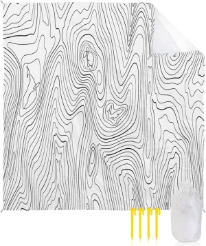 Beach Blanket Waterproof Sandproof 84”x80”, Abstract Style Black White Simple Line Mountain Range Oversized Beach Mat with 4 Corner Sand Pocket & 4 Stakes, Outdoor Picnic Mat for Camping Travel