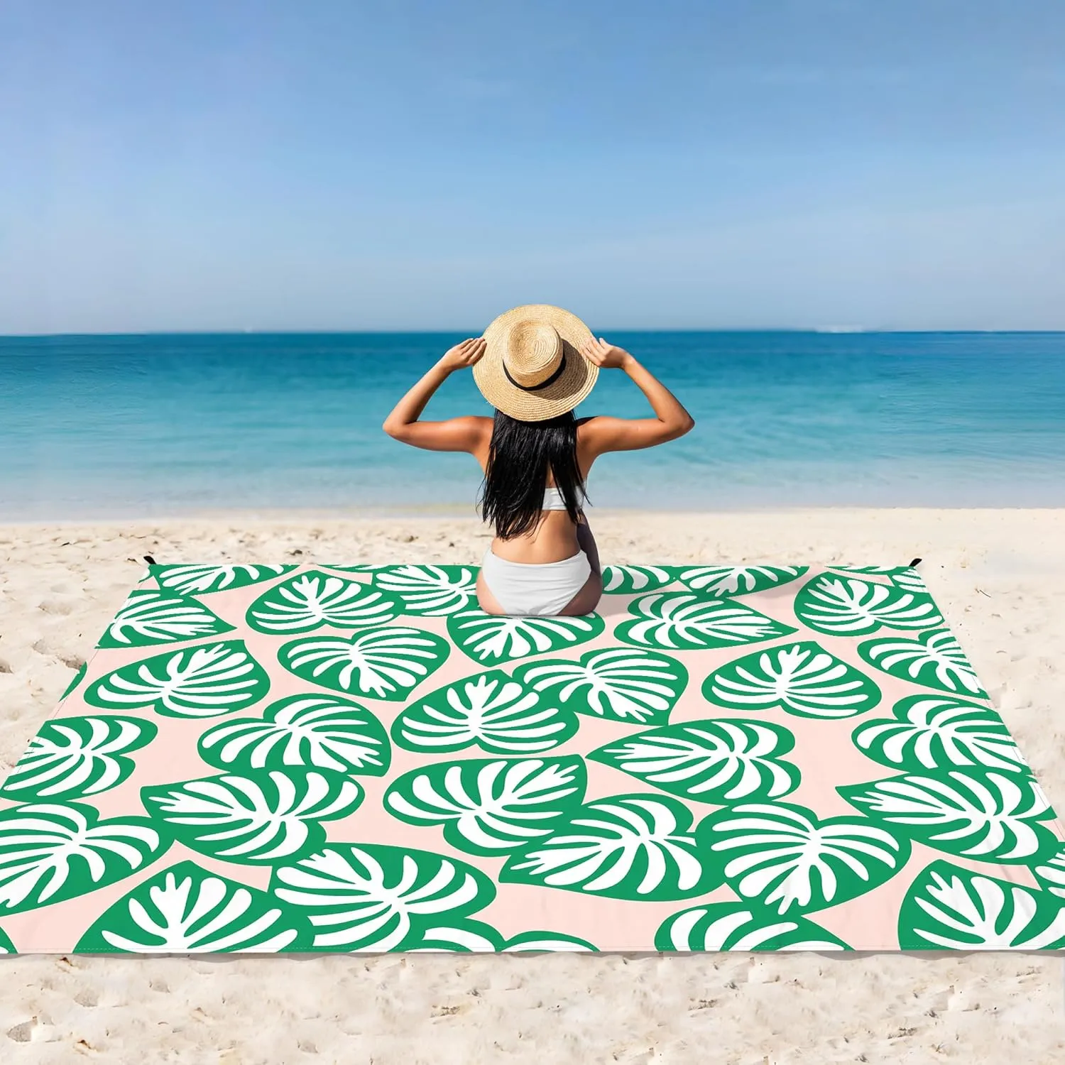 Beach Blanket Waterproof Sandproof, 9 Ft X 10 Ft Extra Large Sand Free Beach Mat, Big Compact Lightweight Quick Drying Picnic Blanket with 4 Stakes & Pockets for Camping, Travel, Hiking