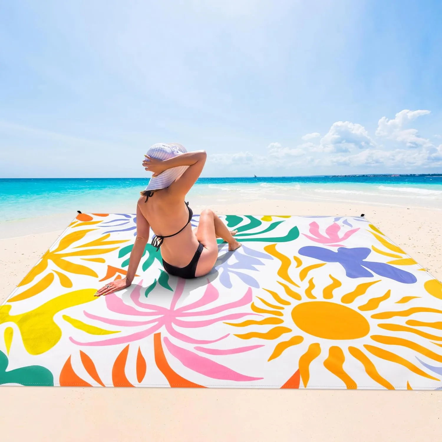 Beach Blanket Waterproof Sandproof Oversized, 110''×118'' Extra Large Beach Mat Sand Free, Lightweight Compact Foldable Picnic Blanket w/ 4 Stakes & Pockets for Camping, Travel, Beach Accessories