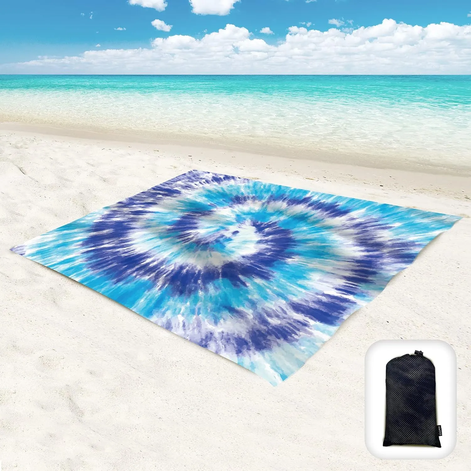 Beach Blanket Waterproof Sandproof Oversized 95”x 80”,Sand Free Beach Mat with Corner Pockets,Portable Mesh Bag for Beach Festival,Picnic,Travel and Outdoor Camping (Blue)
