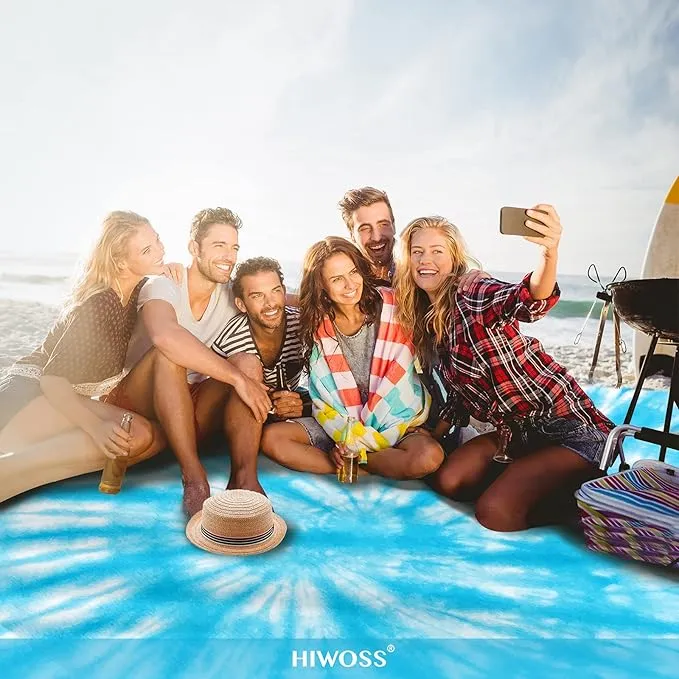 Beach Blanket Waterproof Sandproof Oversized 95”x 80”,Sand Free Beach Mat with Corner Pockets,Portable Mesh Bag for Beach Festival,Picnic,Travel and Outdoor Camping (SkyBlue)