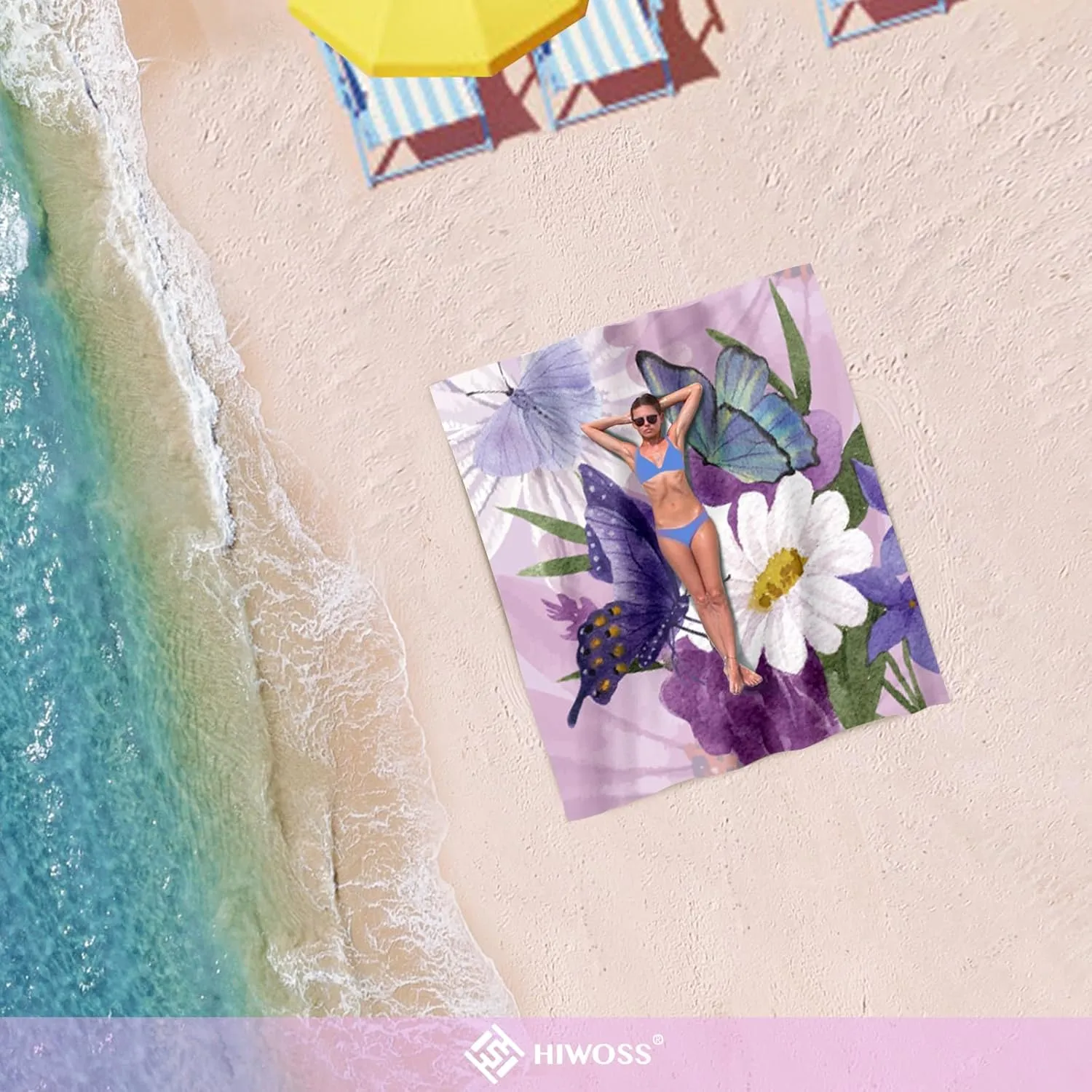 Beach Blanket Waterproof Sandproof Oversized 95”x 80”,Sand Free Beach Mat with Corner Pockets,Portable Mesh Bag for Travel and Outdoor Camping (Dreamsea) (FlowerButterfly)