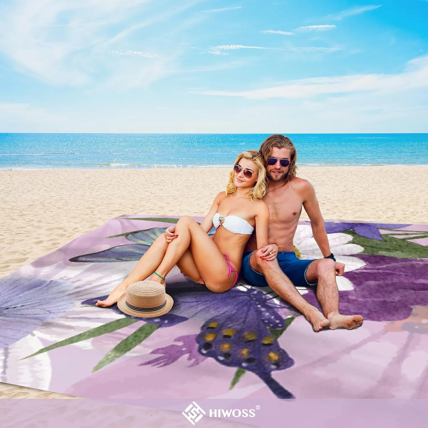 Beach Blanket Waterproof Sandproof Oversized 95”x 80”,Sand Free Beach Mat with Corner Pockets,Portable Mesh Bag for Travel and Outdoor Camping (Dreamsea) (FlowerButterfly)