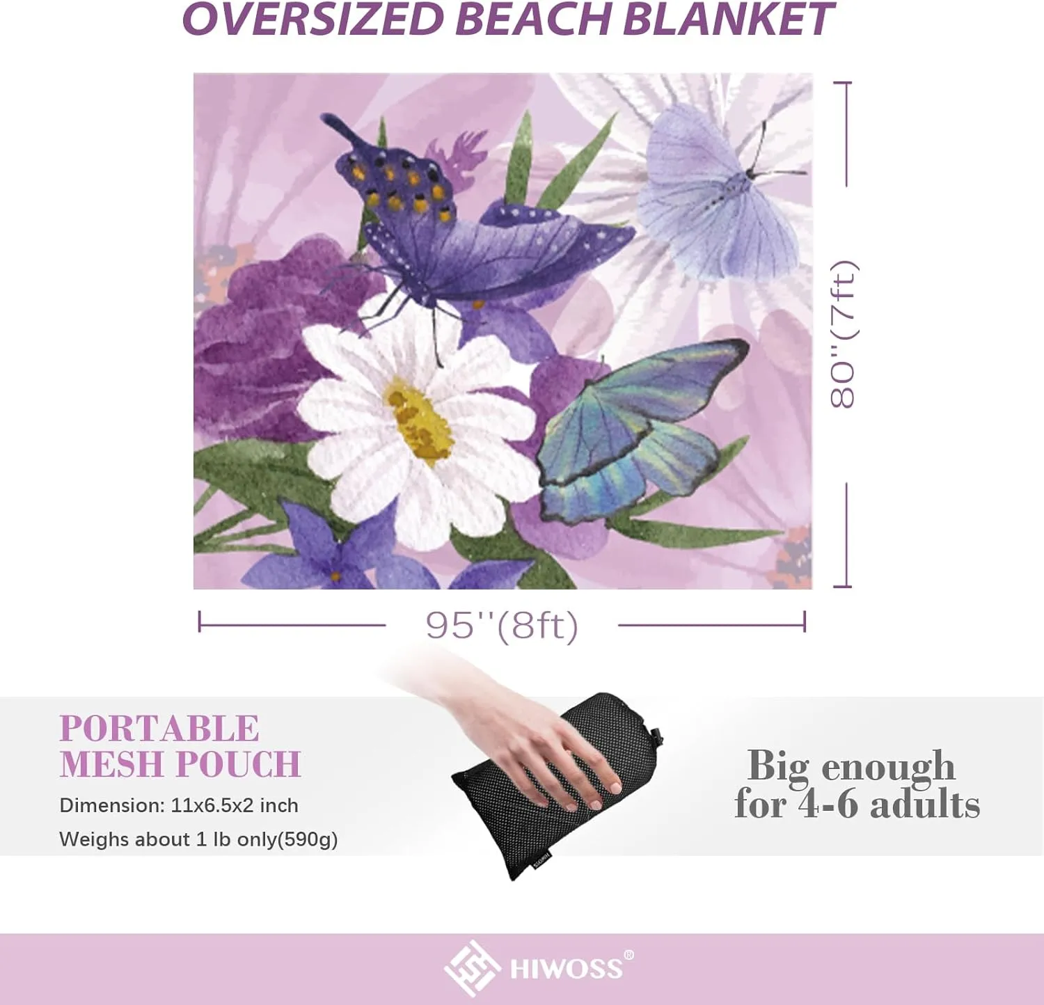 Beach Blanket Waterproof Sandproof Oversized 95”x 80”,Sand Free Beach Mat with Corner Pockets,Portable Mesh Bag for Travel and Outdoor Camping (Dreamsea) (FlowerButterfly)