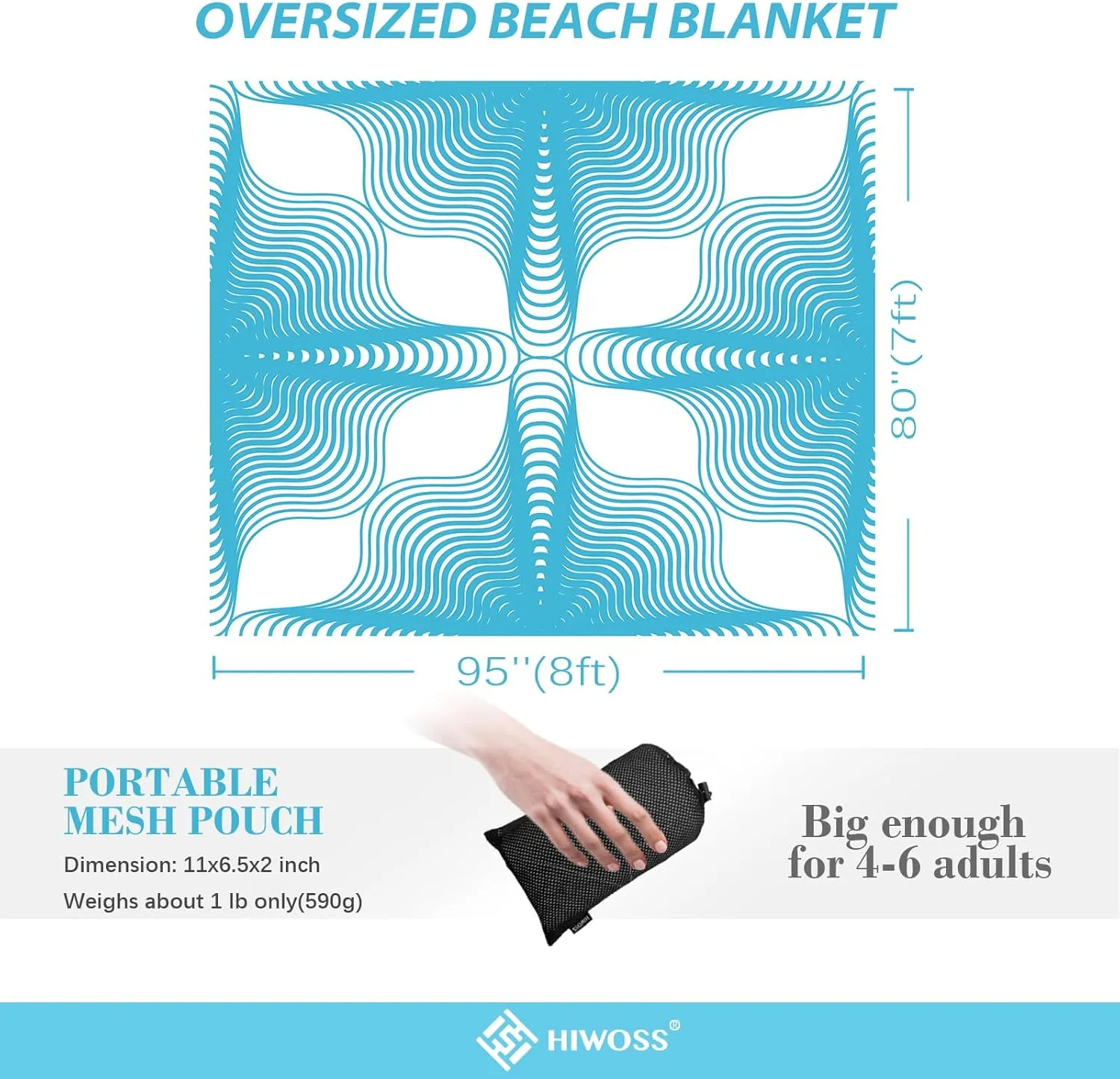 Beach Blanket Waterproof Sandproof Oversized 95”x 80”,Sand Free Beach Mat with Corner Pockets,Portable Mesh Bag for Travel and Outdoor Camping (Dreamsea) (SkyBlue)