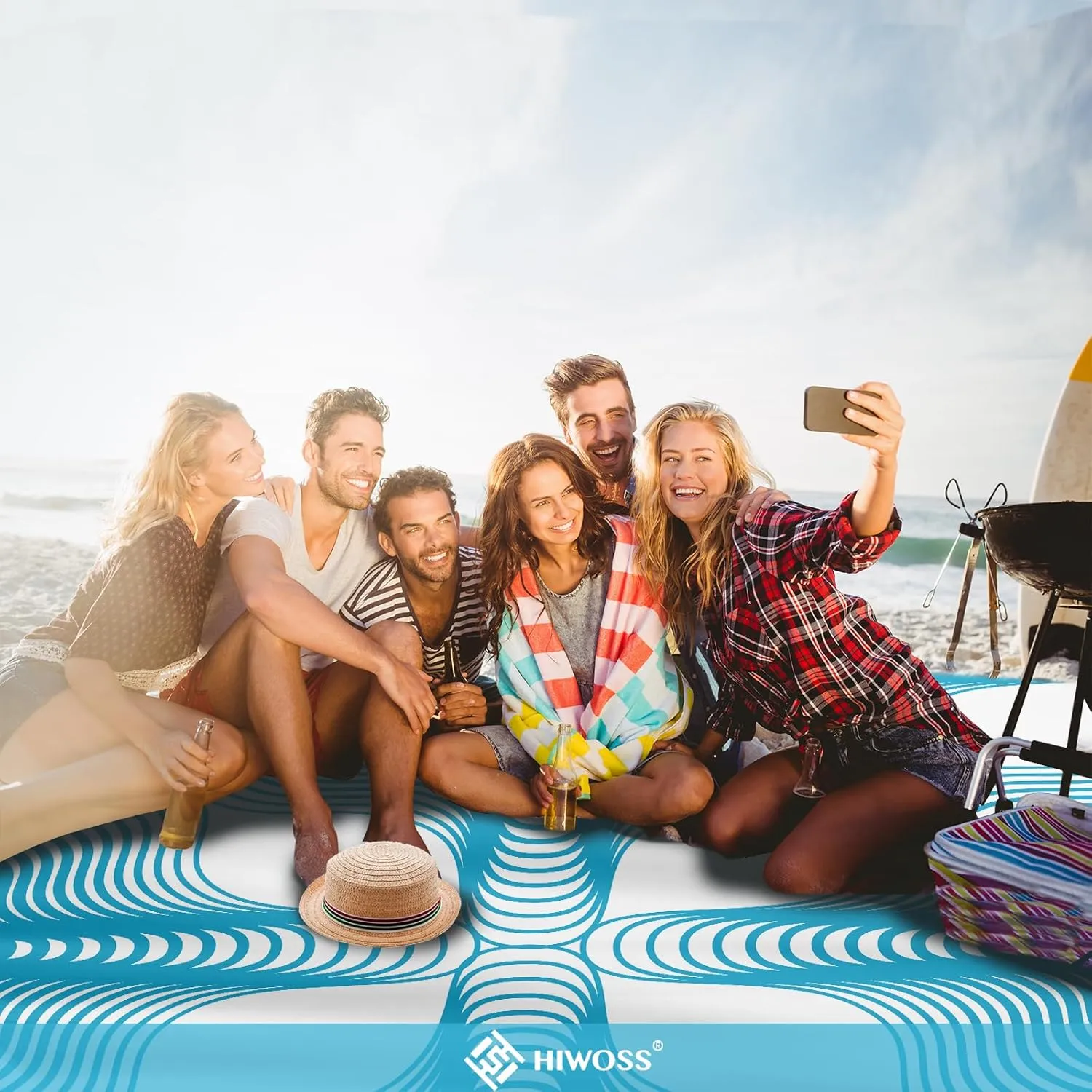 Beach Blanket Waterproof Sandproof Oversized 95”x 80”,Sand Free Beach Mat with Corner Pockets,Portable Mesh Bag for Travel and Outdoor Camping (Dreamsea) (SkyBlue)