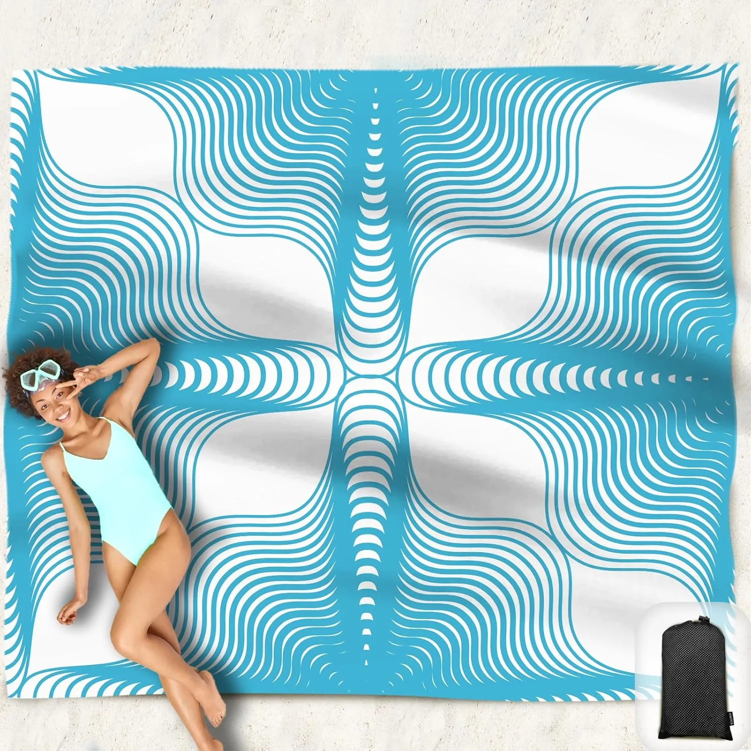 Beach Blanket Waterproof Sandproof Oversized 95”x 80”,Sand Free Beach Mat with Corner Pockets,Portable Mesh Bag for Travel and Outdoor Camping (Dreamsea) (SkyBlue)
