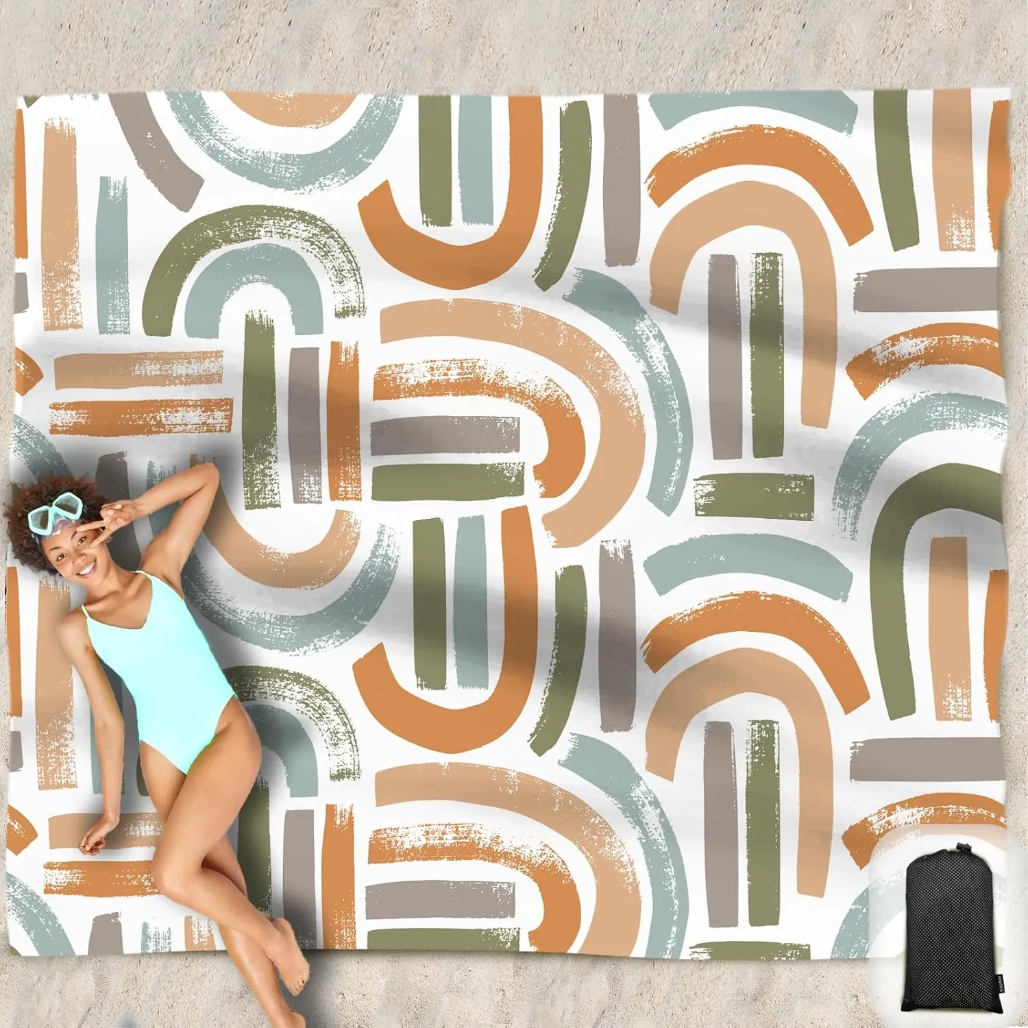 Beach Blanket Waterproof Sandproof Oversized 95”x 80”,Sand Free Beach Mat with Corner Pockets,Portable Mesh Bag for Travel and Outdoor Camping (Maze)