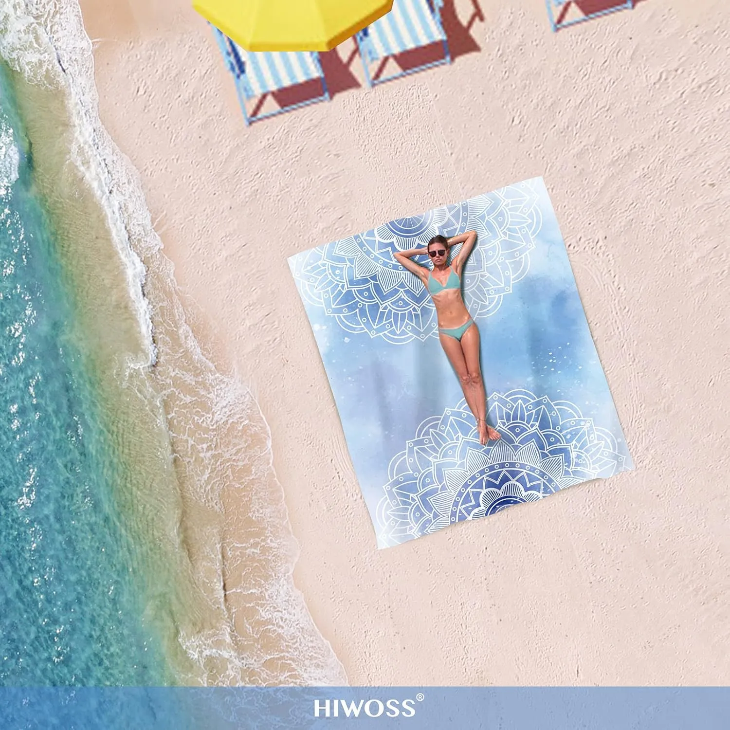 Beach Blanket Waterproof Sandproof Oversized 95”x 80”,Sand Free Beach Mat with Corner Pockets,Portable Mesh Bag (LightBlueMandala)