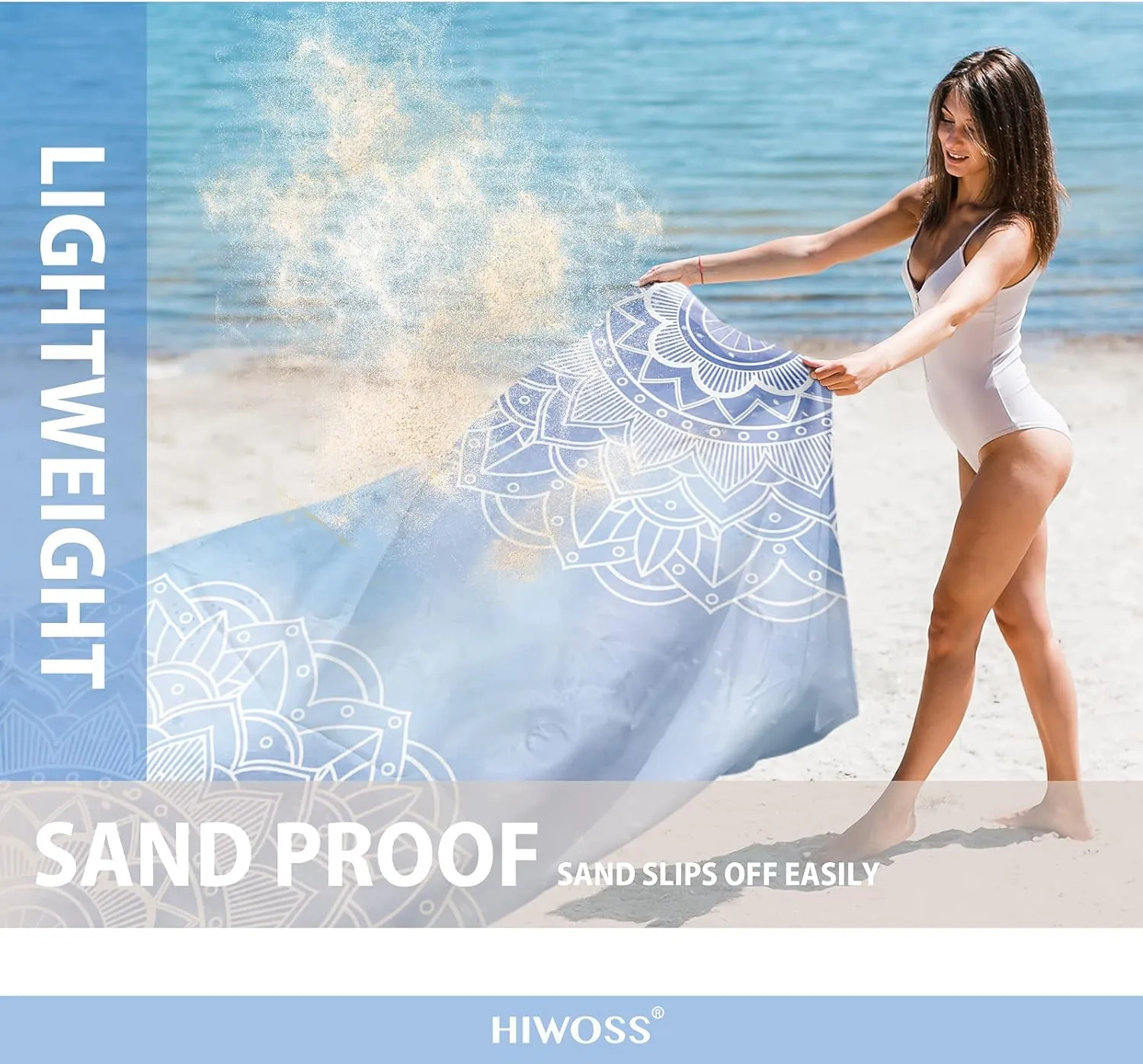 Beach Blanket Waterproof Sandproof Oversized 95”x 80”,Sand Free Beach Mat with Corner Pockets,Portable Mesh Bag (LightBlueMandala)