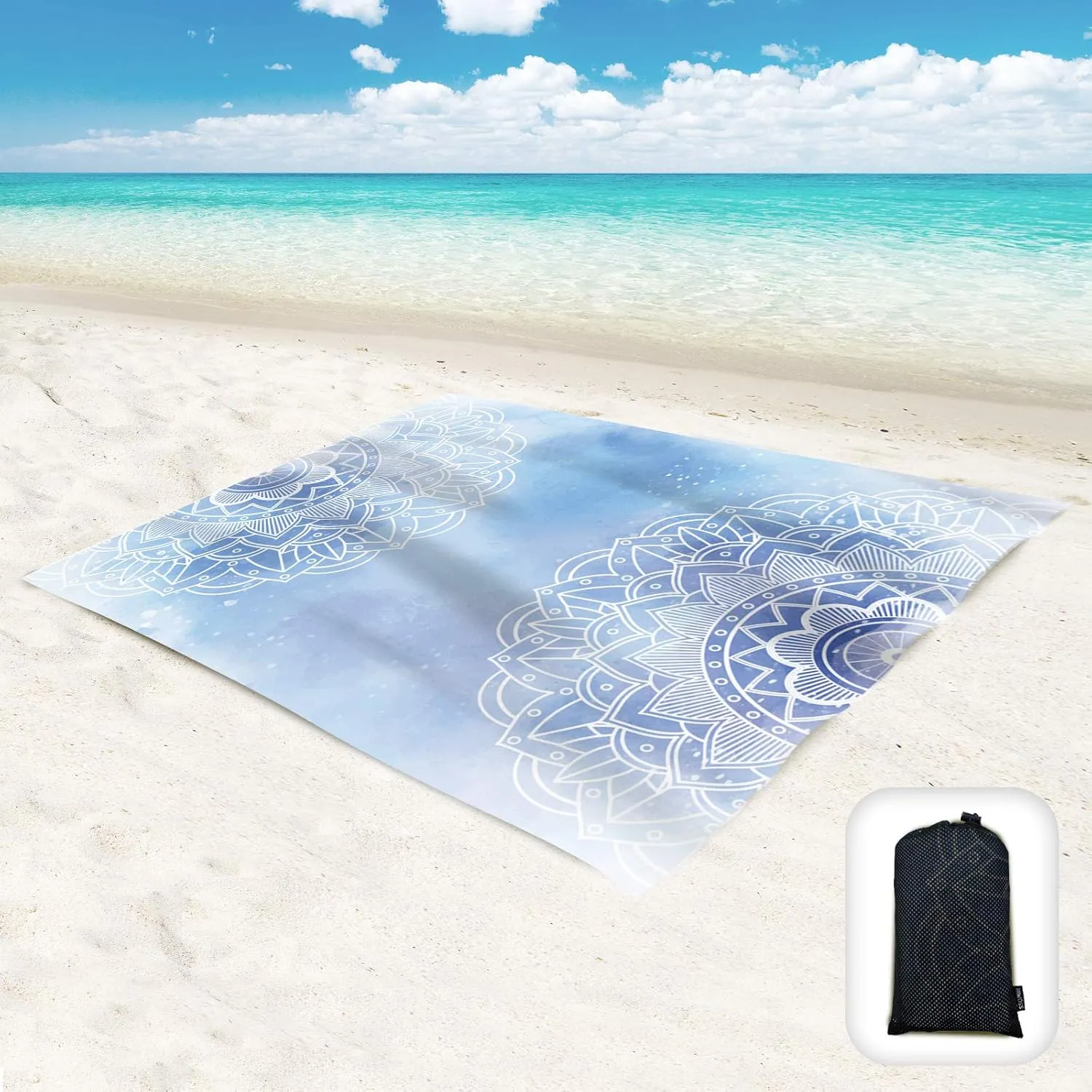 Beach Blanket Waterproof Sandproof Oversized 95”x 80”,Sand Free Beach Mat with Corner Pockets,Portable Mesh Bag (LightBlueMandala)