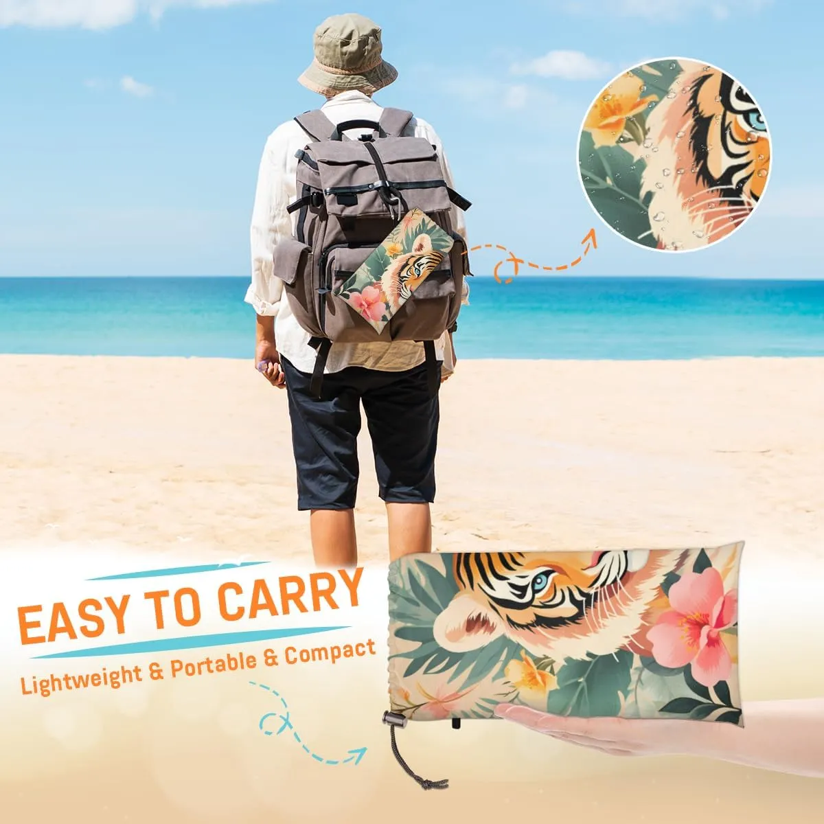 Beach Blanket, Wild Tiger Sandproof Beach Mat, Waterproof Quick Drying Sand Free Mat with 4 x Ground Spikes for Outdoor Travel Camping Hiking, Tiger Floral 68 x 59 in