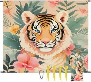 Beach Blanket, Wild Tiger Sandproof Beach Mat, Waterproof Quick Drying Sand Free Mat with 4 x Ground Spikes for Outdoor Travel Camping Hiking, Tiger Floral 68 x 59 in