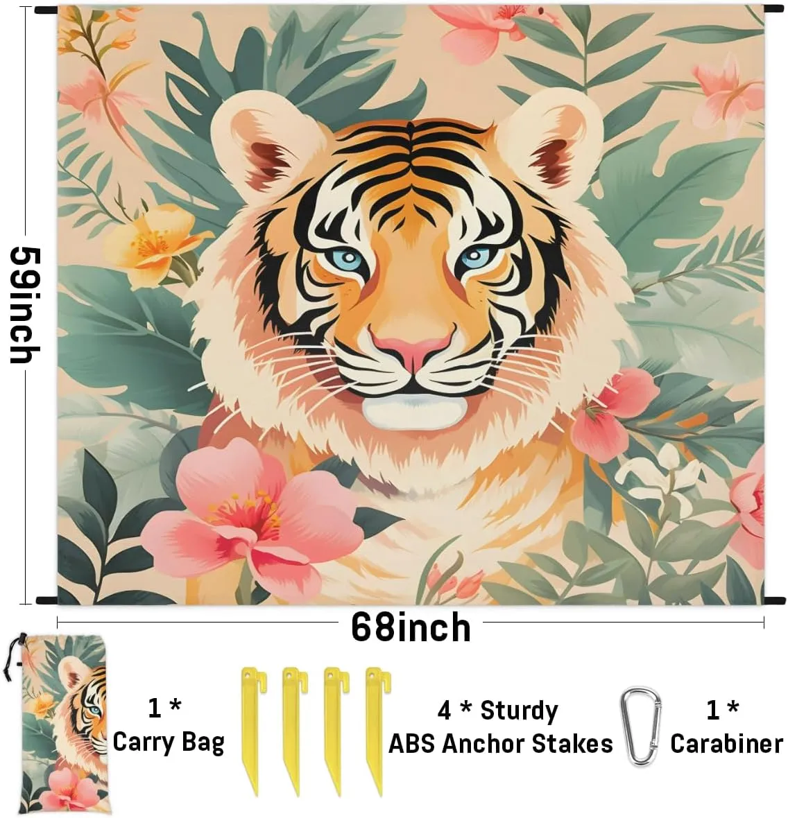 Beach Blanket, Wild Tiger Sandproof Beach Mat, Waterproof Quick Drying Sand Free Mat with 4 x Ground Spikes for Outdoor Travel Camping Hiking, Tiger Floral 68 x 59 in