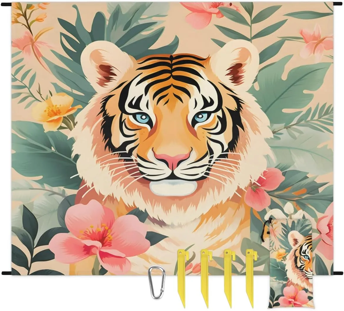 Beach Blanket, Wild Tiger Sandproof Beach Mat, Waterproof Quick Drying Sand Free Mat with 4 x Ground Spikes for Outdoor Travel Camping Hiking, Tiger Floral 68 x 59 in